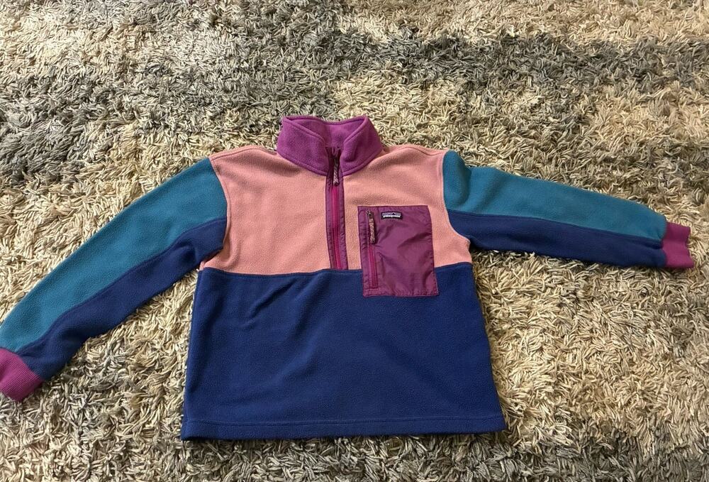 PATAGONIA MICRODINI 1/2 ZIP PULLOVER GIRLS SWEATER Blue And Pink Large POCKETS